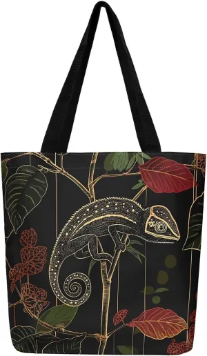 Lizard Canvas Tote Bag,Reptile Cute Chameleon Beach Bag,Cartoon Pet Woodland Handbag for Women