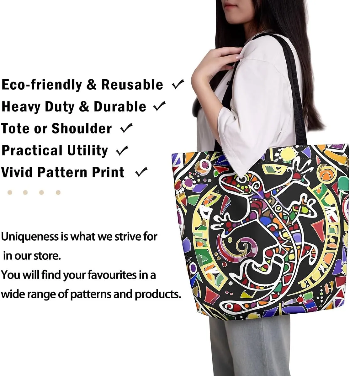 Lizard Canvas Tote Bag,Reptile Cute Chameleon Beach Bag,Cartoon Pet Woodland Handbag for Women