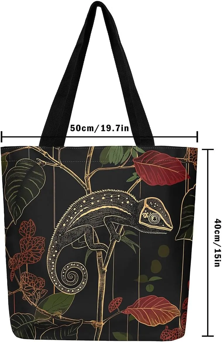 Lizard Canvas Tote Bag,Reptile Cute Chameleon Beach Bag,Cartoon Pet Woodland Handbag for Women