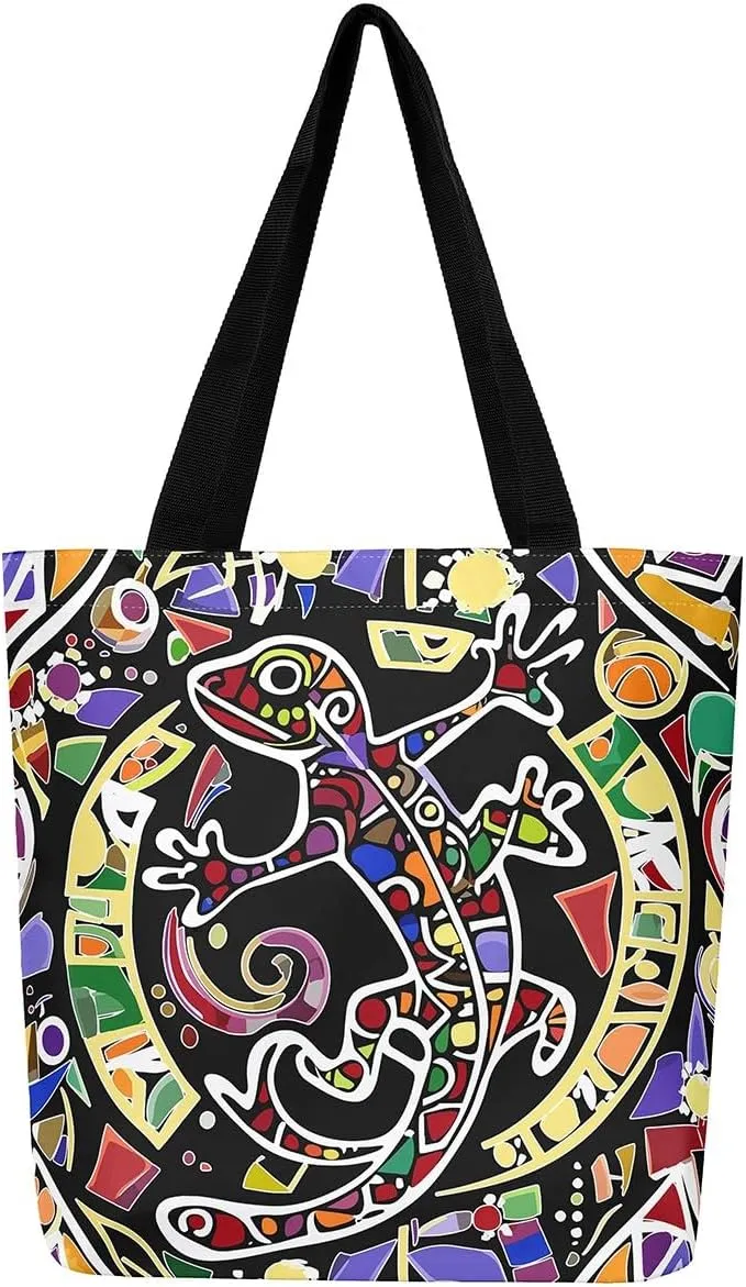 Lizard Canvas Tote Bag,Reptile Cute Chameleon Beach Bag,Cartoon Pet Woodland Handbag for Women