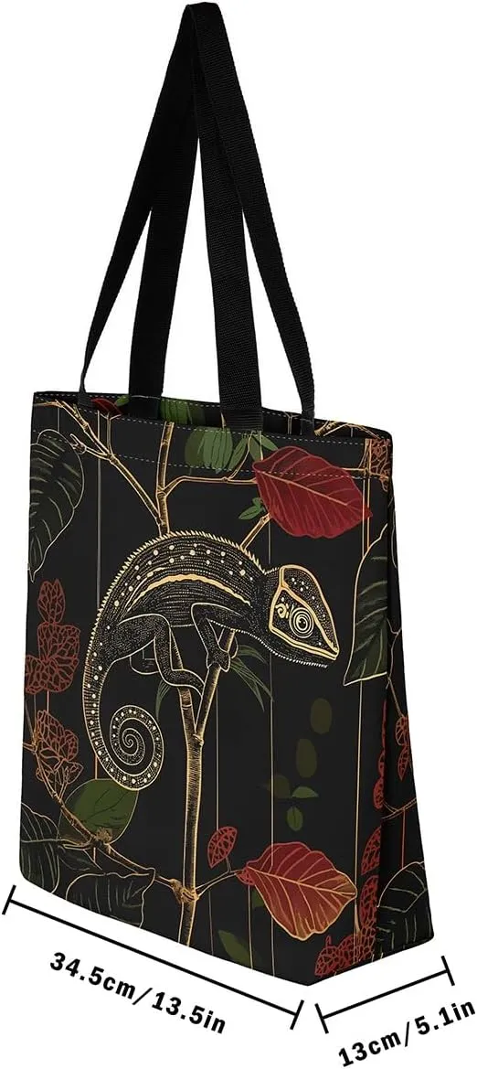 Lizard Canvas Tote Bag,Reptile Cute Chameleon Beach Bag,Cartoon Pet Woodland Handbag for Women