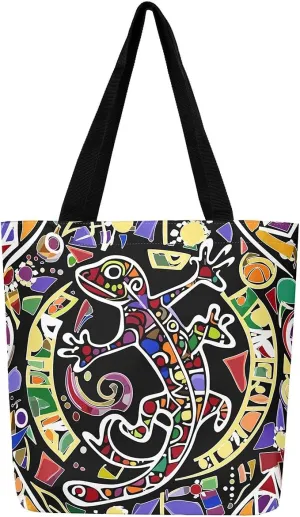 Lizard Canvas Tote Bag,Reptile Cute Chameleon Beach Bag,Cartoon Pet Woodland Handbag for Women