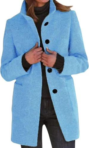 Long Pea Coats for Women Oversized Stand Collar Single Breasted Thicken Blazer Wool Blend Peacoat Jacket with Pockets