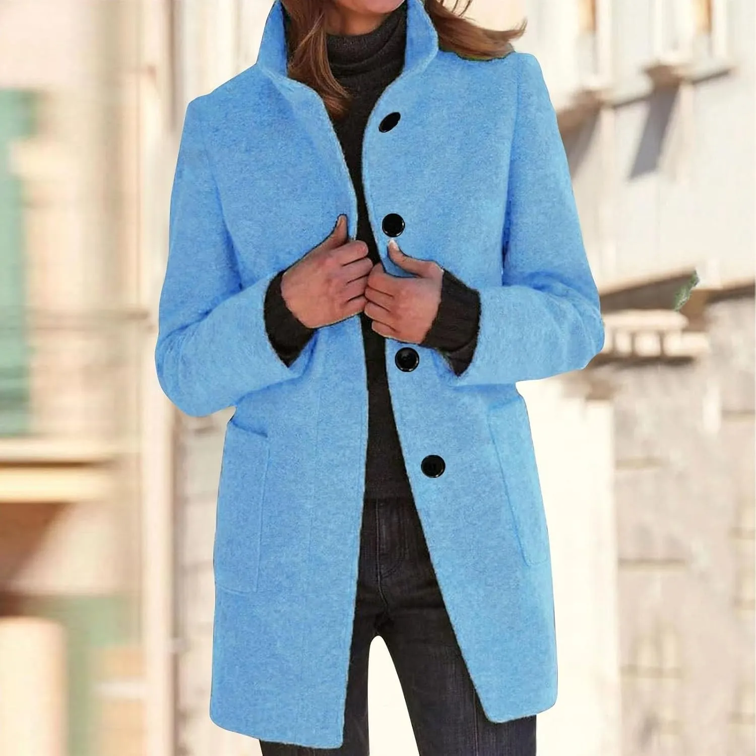 Long Pea Coats for Women Oversized Stand Collar Single Breasted Thicken Blazer Wool Blend Peacoat Jacket with Pockets