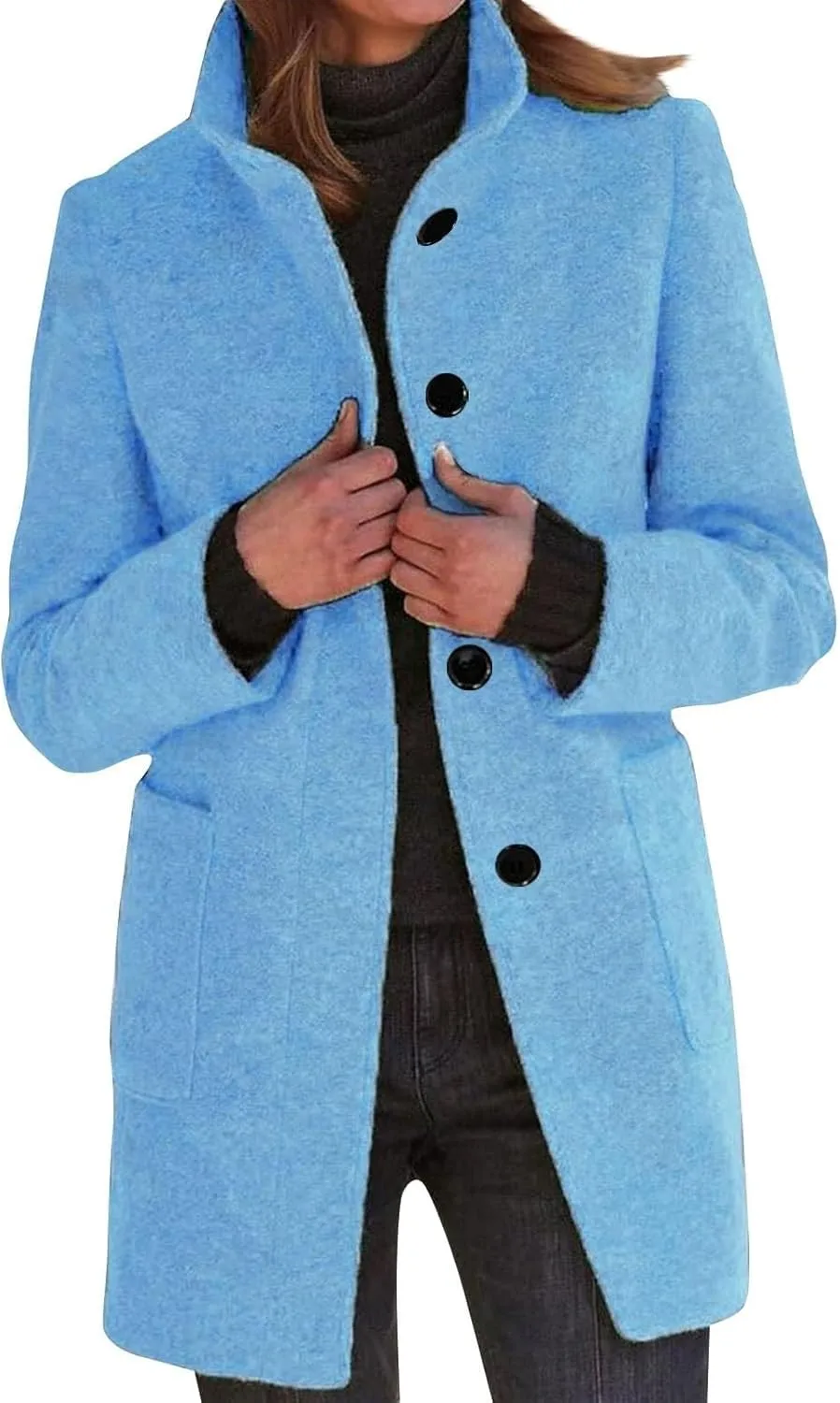 Long Pea Coats for Women Oversized Stand Collar Single Breasted Thicken Blazer Wool Blend Peacoat Jacket with Pockets