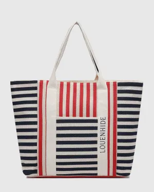 LOUENHIDE : Sorrento Canvas Beach Bag - Navy Red Stripe