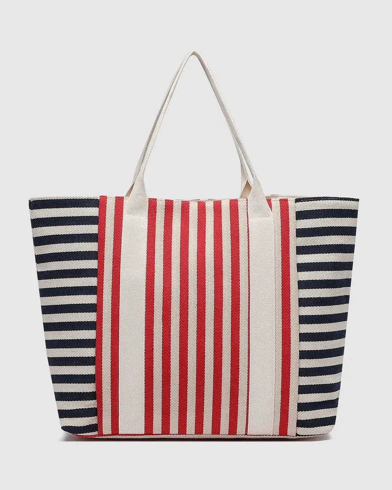 LOUENHIDE : Sorrento Canvas Beach Bag - Navy Red Stripe