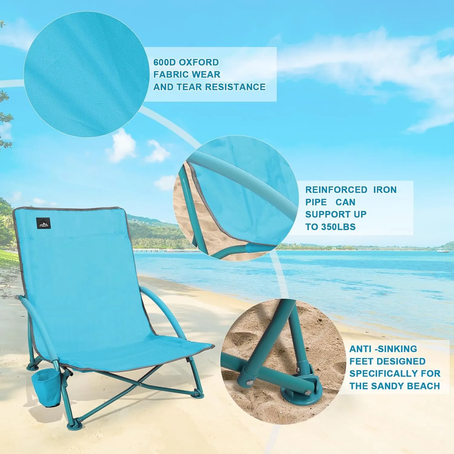 Low Folding Beach Chair,Portable Lightweight Lowback Sling Chair, Outdoor Low Seat Camping Chair w/Cup Holder & Carry Bag for Sand Camping Lawn Picnic Festival, Blue