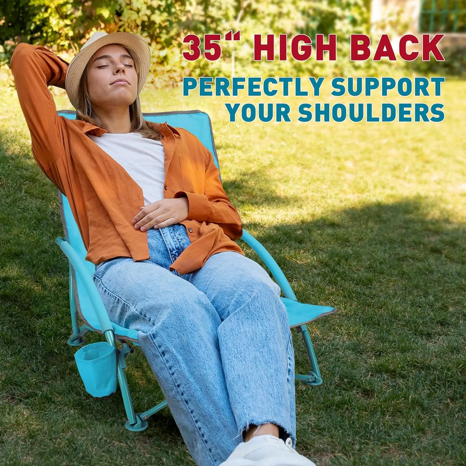 Low Folding Beach Chair,Portable Lightweight Lowback Sling Chair, Outdoor Low Seat Camping Chair w/Cup Holder & Carry Bag for Sand Camping Lawn Picnic Festival, Blue