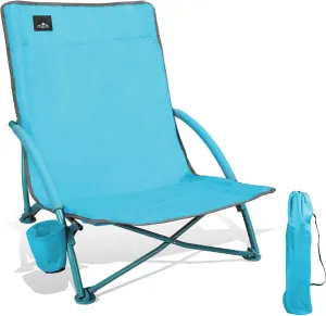 Low Folding Beach Chair,Portable Lightweight Lowback Sling Chair, Outdoor Low Seat Camping Chair w/Cup Holder & Carry Bag for Sand Camping Lawn Picnic Festival, Blue