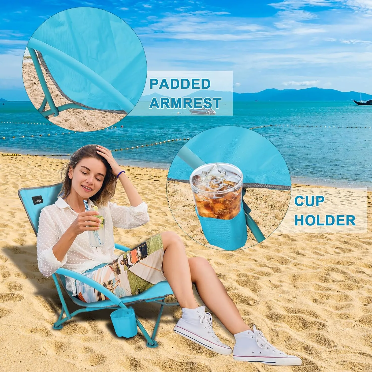 Low Folding Beach Chair,Portable Lightweight Lowback Sling Chair, Outdoor Low Seat Camping Chair w/Cup Holder & Carry Bag for Sand Camping Lawn Picnic Festival, Blue