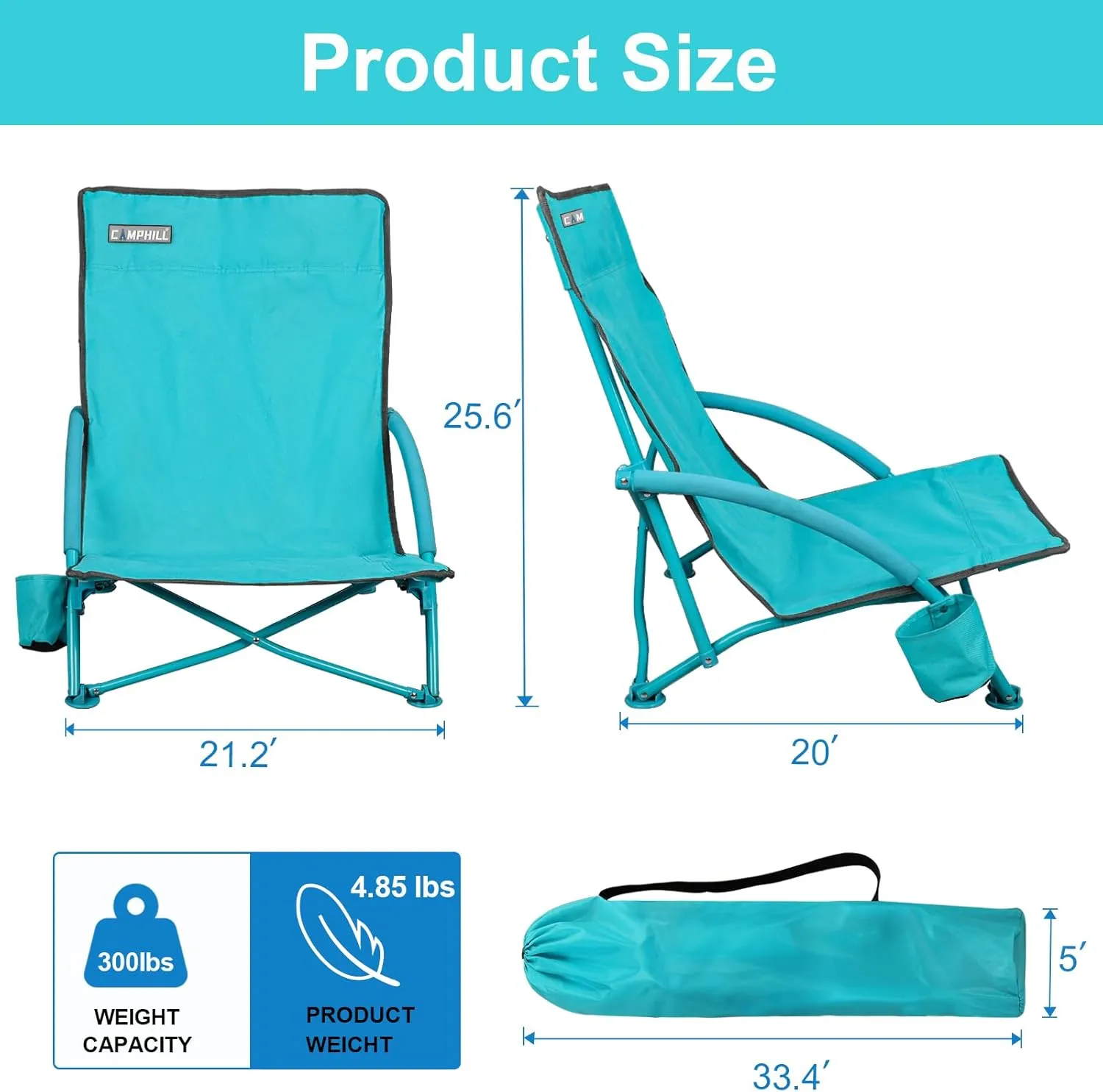 Low Folding Beach Chair,Portable Lightweight Lowback Sling Chair, Outdoor Low Seat Camping Chair w/Cup Holder & Carry Bag for Sand Camping Lawn Picnic Festival, Blue