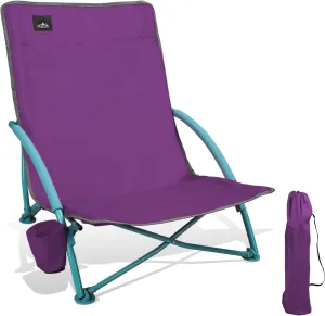 Low Folding Beach Chair,Portable Lightweight Lowback Sling Chair, Outdoor Low Seat Camping Chair w/Cup Holder & Carry Bag for Sand Camping Lawn Picnic Festival,Purple