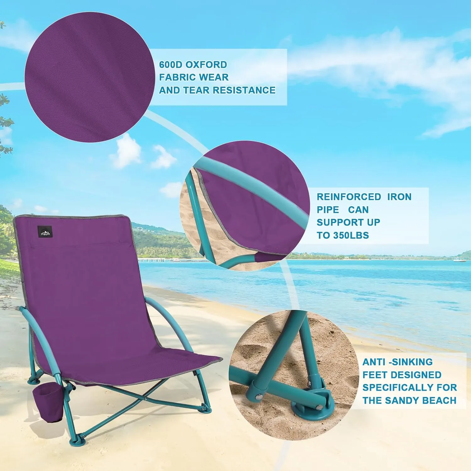 Low Folding Beach Chair,Portable Lightweight Lowback Sling Chair, Outdoor Low Seat Camping Chair w/Cup Holder & Carry Bag for Sand Camping Lawn Picnic Festival,Purple