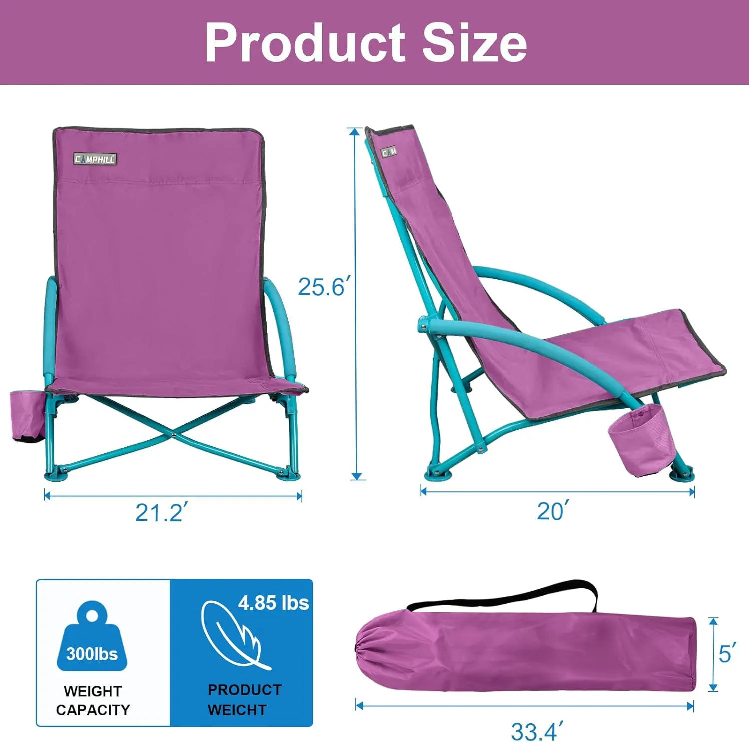 Low Folding Beach Chair,Portable Lightweight Lowback Sling Chair, Outdoor Low Seat Camping Chair w/Cup Holder & Carry Bag for Sand Camping Lawn Picnic Festival,Purple