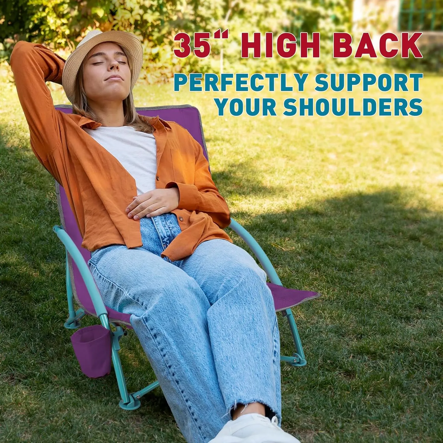 Low Folding Beach Chair,Portable Lightweight Lowback Sling Chair, Outdoor Low Seat Camping Chair w/Cup Holder & Carry Bag for Sand Camping Lawn Picnic Festival,Purple