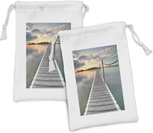 Lunarable Ocean Fabric Pouch Set of 2, Pontoon Jetty Pier Deck Across the Water at Dramatic Sunset with Idyllic View, Small Drawstring Bag for Toiletries Masks and Favors, 9" x 6", Peach Grey Aqua
