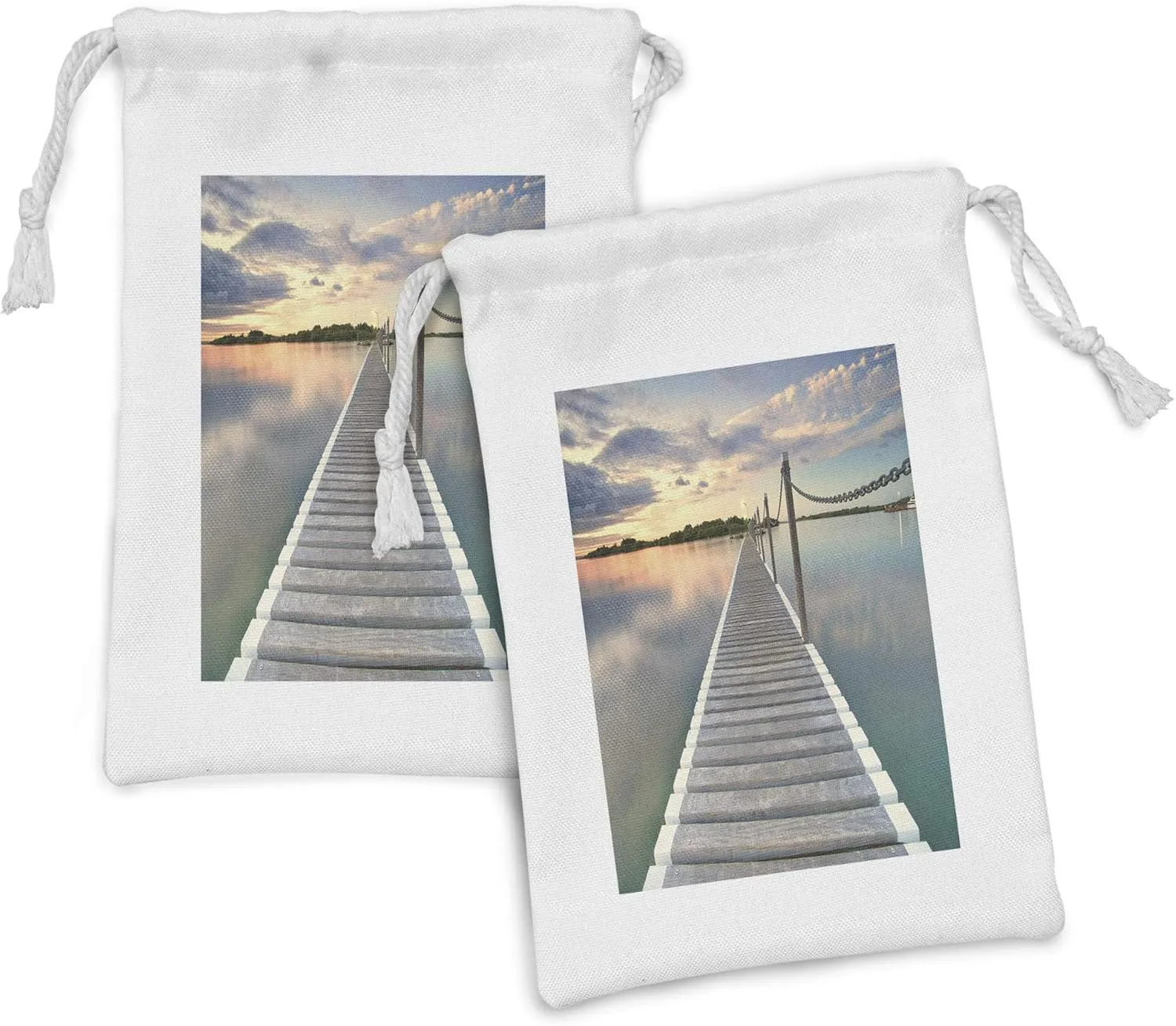 Lunarable Ocean Fabric Pouch Set of 2, Pontoon Jetty Pier Deck Across the Water at Dramatic Sunset with Idyllic View, Small Drawstring Bag for Toiletries Masks and Favors, 9" x 6", Peach Grey Aqua