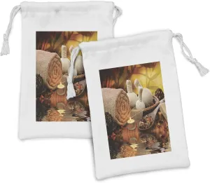 Lunarable Spa Themed Fabric Pouch Set of 2, Outdoor Massage Setting at Sunset Candlelight Reflections Culture Print, Small Drawstring Bag for Toiletries Masks and Favors, 9" x 6", Mustard and Orange