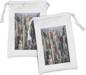 Lunarable Urban Fabric Pouch Set of 2, USA New York Cityscape at Sunset Skyscrapers Panoramic Metropolis Architectural Photo, Small Drawstring Bag for Toiletries Masks and Favors, 9" x 6", Multicolor