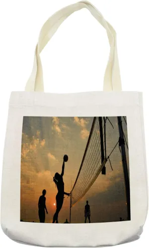 Lunarable Volleyball Tote Bag, Beach Sports at Sunset Open Sky Net and Ball Activity Excitement Fun and Games, Cloth Linen Reusable Bag for Shopping Books Beach and More, 16.5" X 14", Cream
