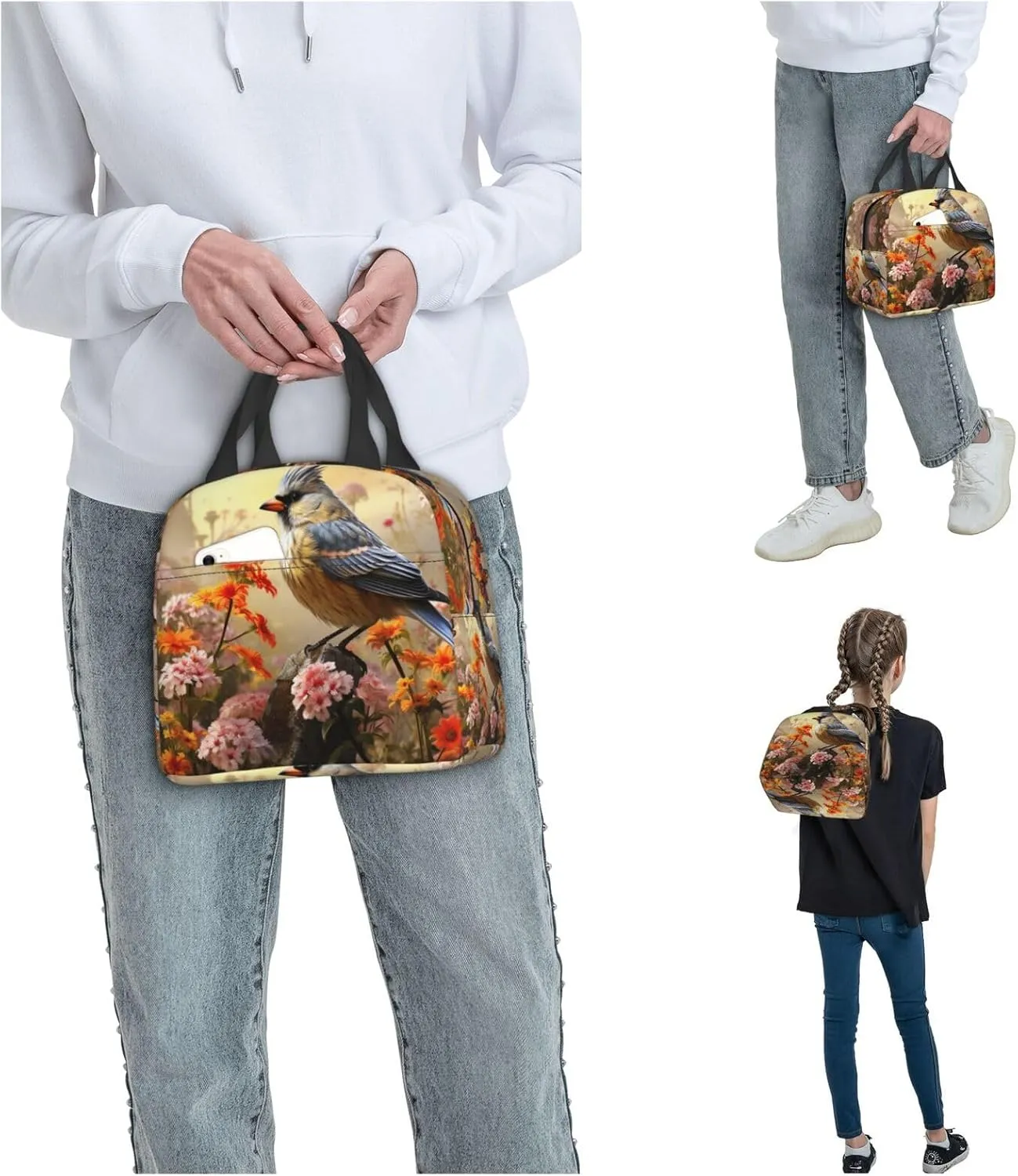 Lunch Bag for Women Men Portable Insulated Lunch Box Sparrow Birds Sing LunchBox Reusable Tote Bags for Work Picnic