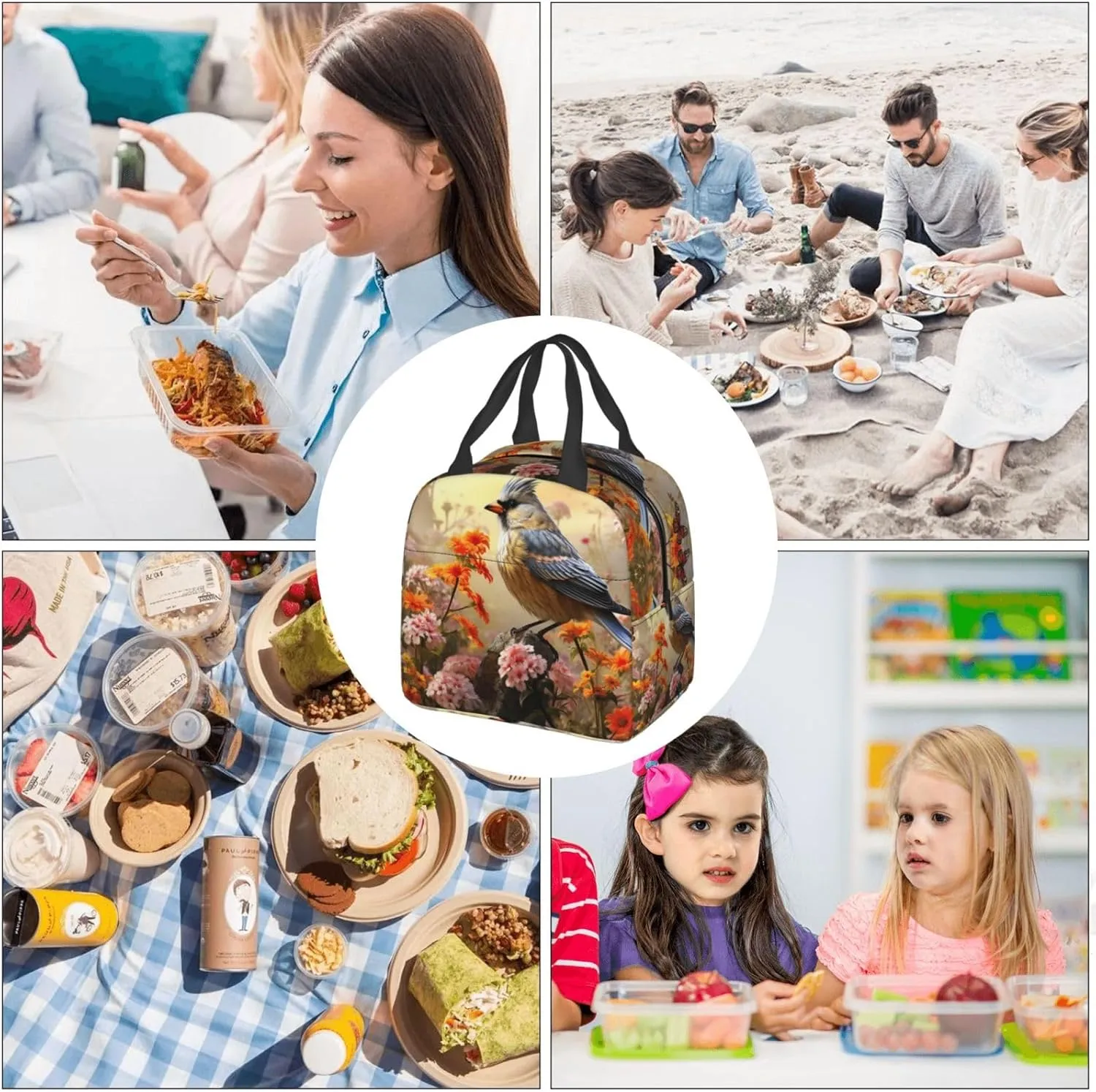 Lunch Bag for Women Men Portable Insulated Lunch Box Sparrow Birds Sing LunchBox Reusable Tote Bags for Work Picnic
