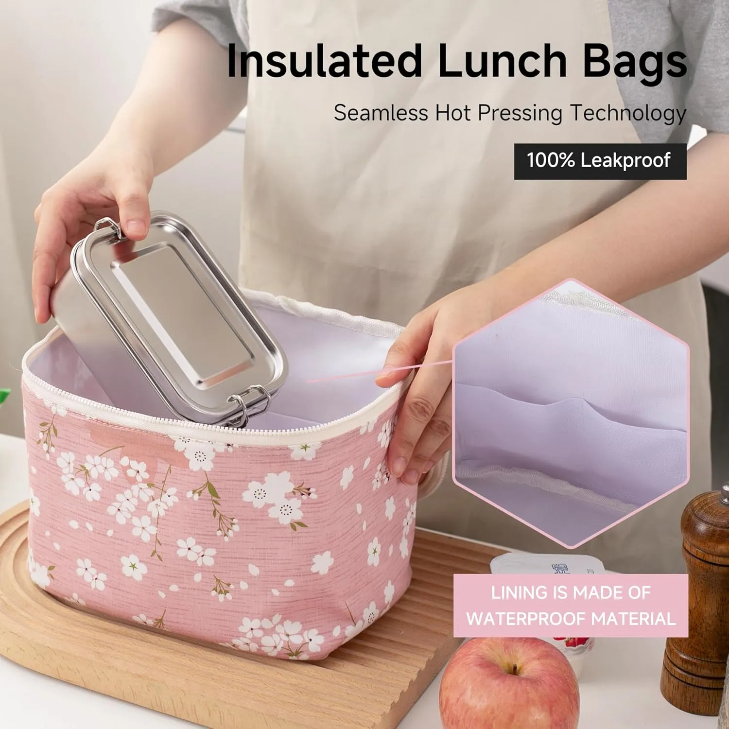 Lunch Bag for Women/Men Original Emergency Meal Transportation, Waterproof Lined Bag to Store & Transport Meals, Snacks & More Reusable Lunch Box for Office Work Picnic Beach(Pink Cherry Blossom)