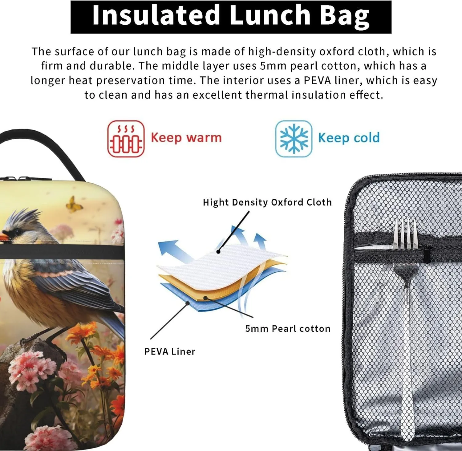 Lunch Bag Lunch Box for Women Men Insulated Lunch bag Sparrow Birds Sing Lunch Tote Bags for Work Office