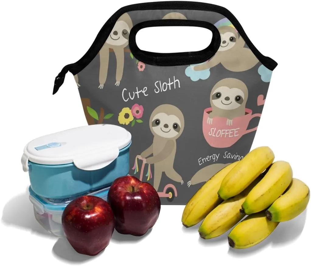 Lunch Tote Bag Cute Baby Sloth Neoprene Insulated Cooler Warmer, Portable Funny Lunchbox Handbag for Men Women Adult Kids Boys Girls
