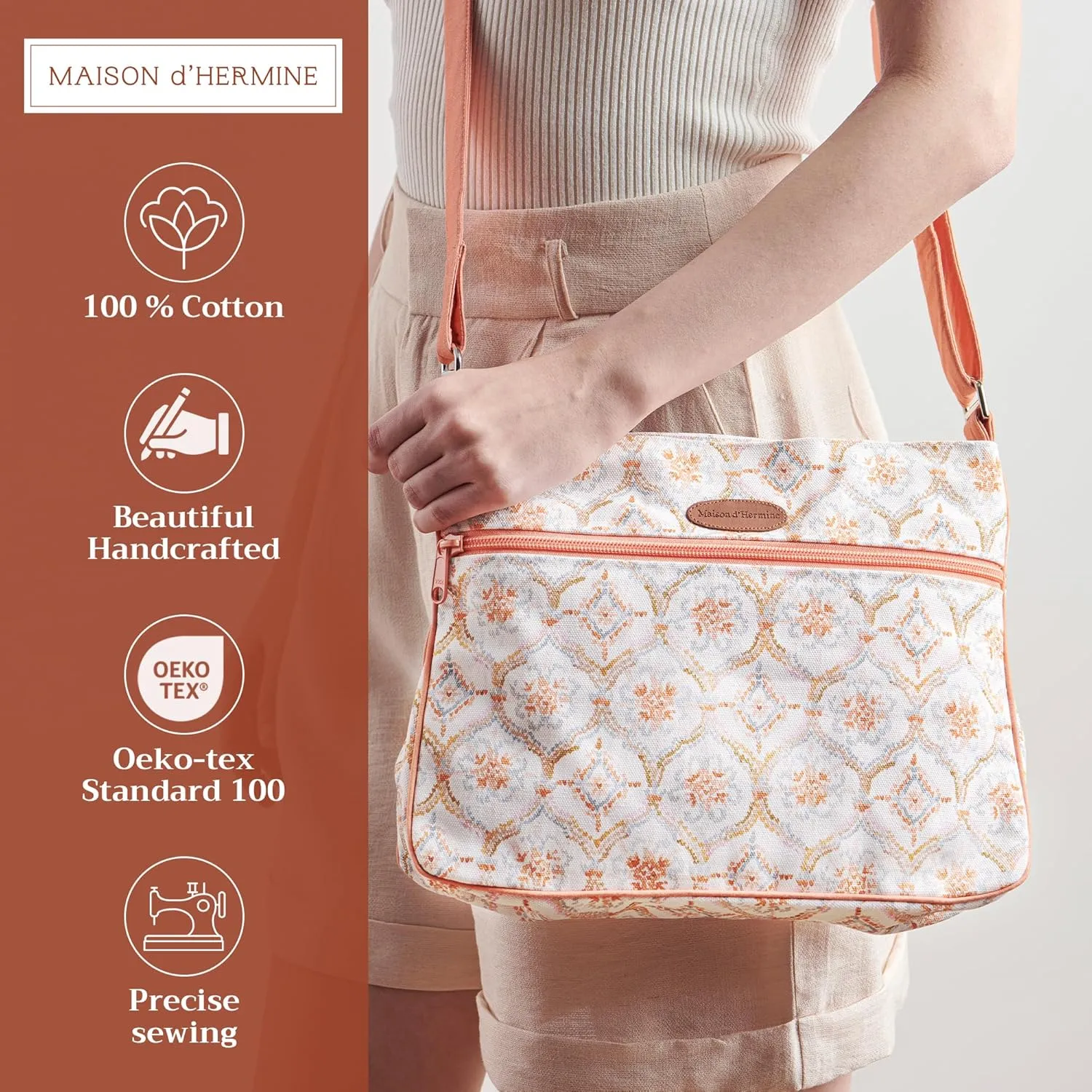 Maison d' Hermine Cross Body Bag Cotton Adjustable Shoulder Strap Hand Bag Tote purse with Zippered & Slip Pockets