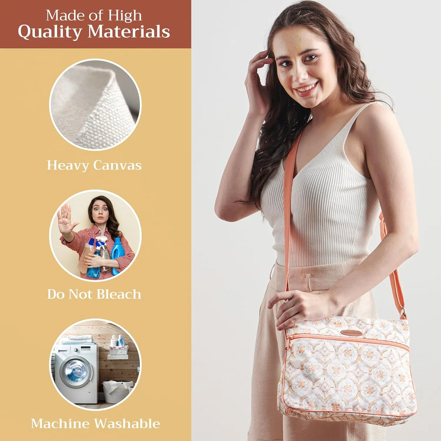 Maison d' Hermine Cross Body Bag Cotton Adjustable Shoulder Strap Hand Bag Tote purse with Zippered & Slip Pockets