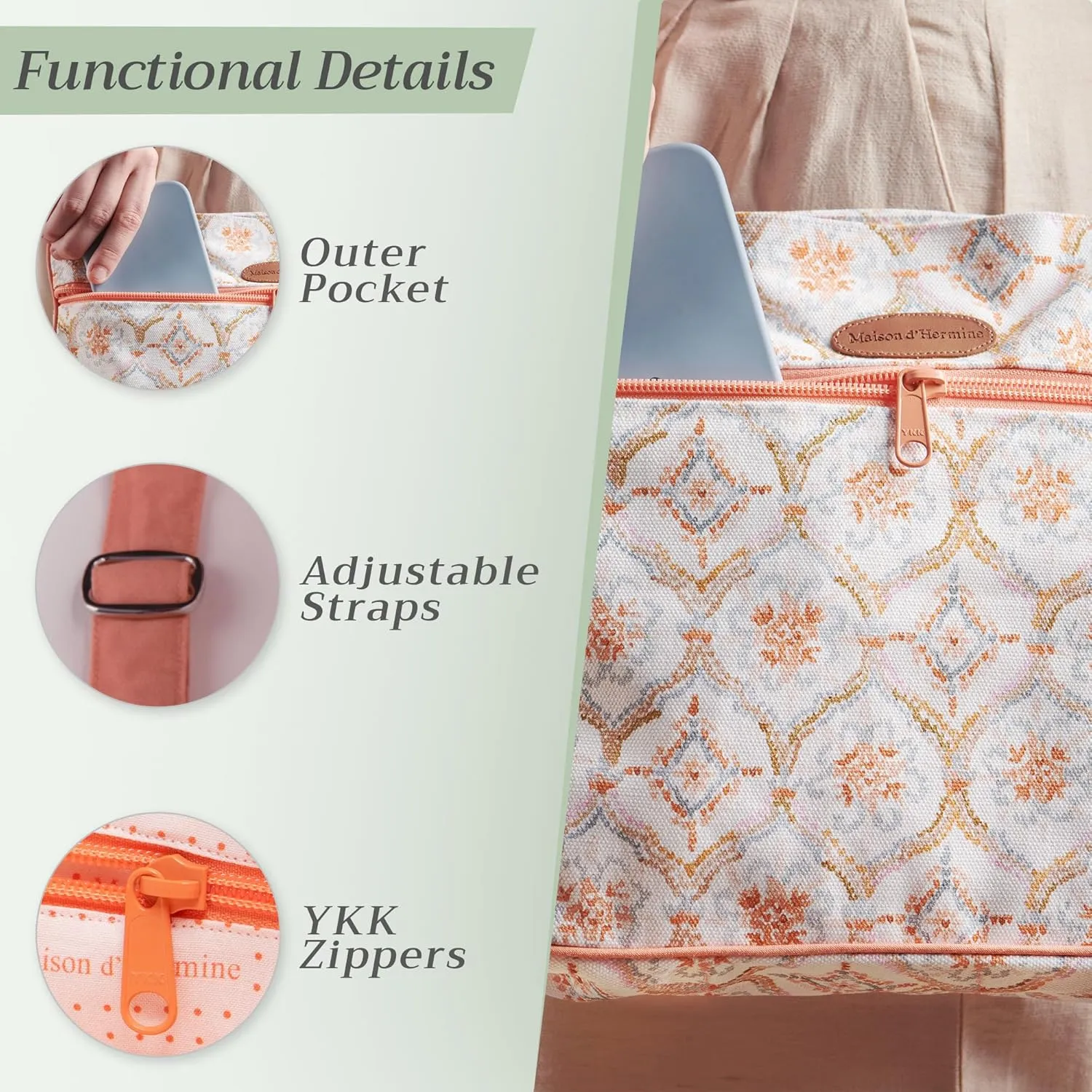 Maison d' Hermine Cross Body Bag Cotton Adjustable Shoulder Strap Hand Bag Tote purse with Zippered & Slip Pockets