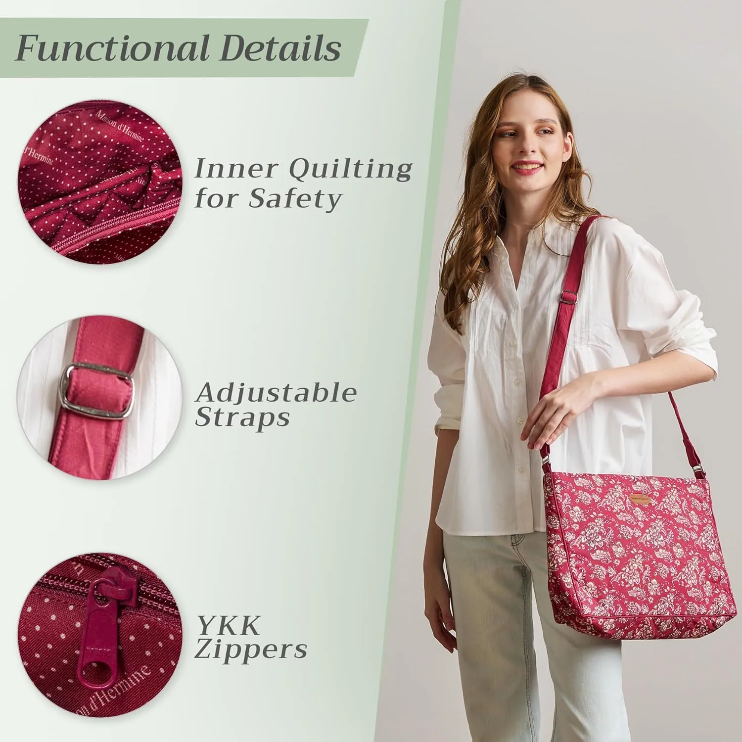 Maison d' Hermine Hand Bag Cotton Adjustable Shoulder Strap Cross Body Bag Tote purse with Zippered & Slip Pockets