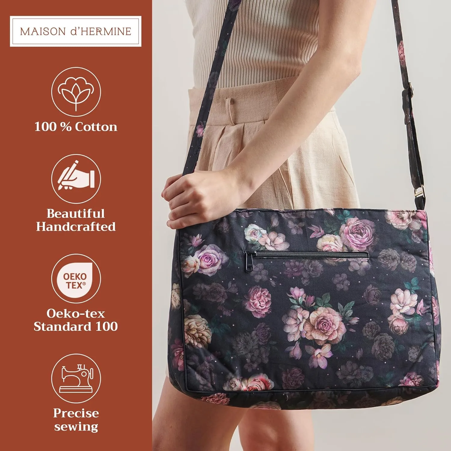 Maison d' Hermine Hand Bag Cotton Adjustable Shoulder Strap Cross Body Bag Tote purse with Zippered & Slip Pockets