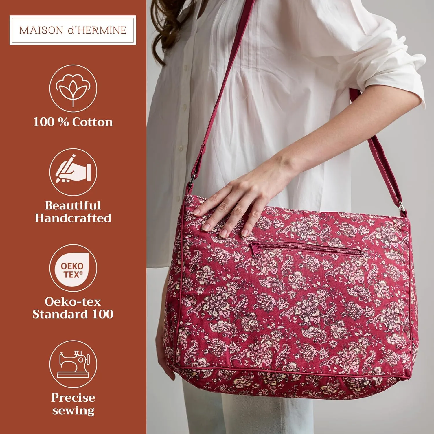 Maison d' Hermine Hand Bag Cotton Adjustable Shoulder Strap Cross Body Bag Tote purse with Zippered & Slip Pockets