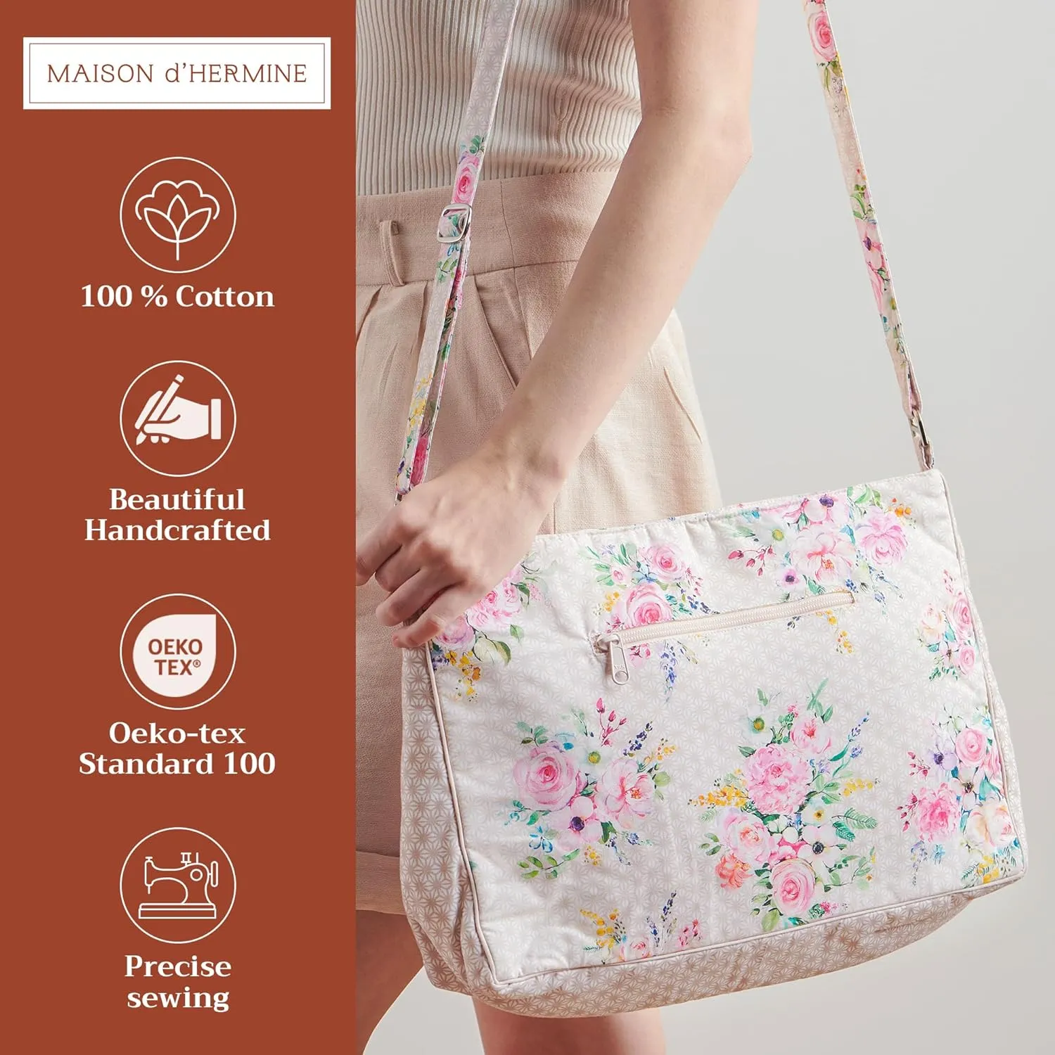 Maison d' Hermine Hand Bag Cotton Adjustable Shoulder Strap Cross Body Bag Tote purse with Zippered & Slip Pockets