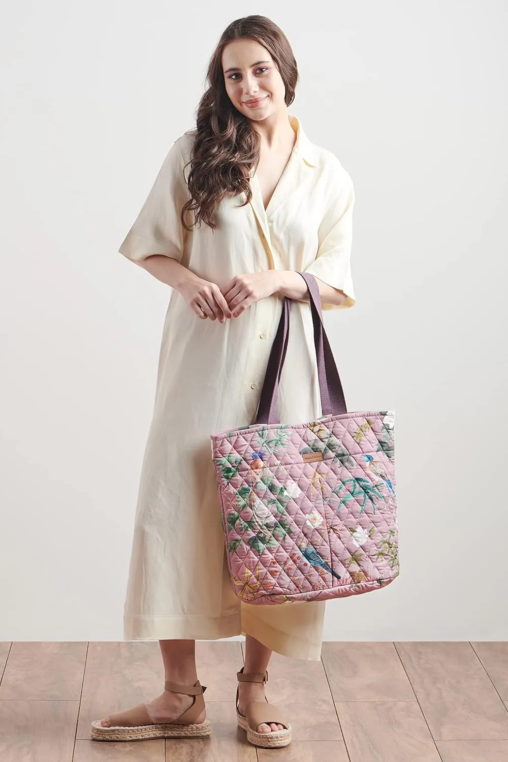 Maison d' Hermine Shopping Bag Cotton Quilted Tote Bag with Zipper Pockets & Small Pouch Grocery Bag for Work Travel Lunch