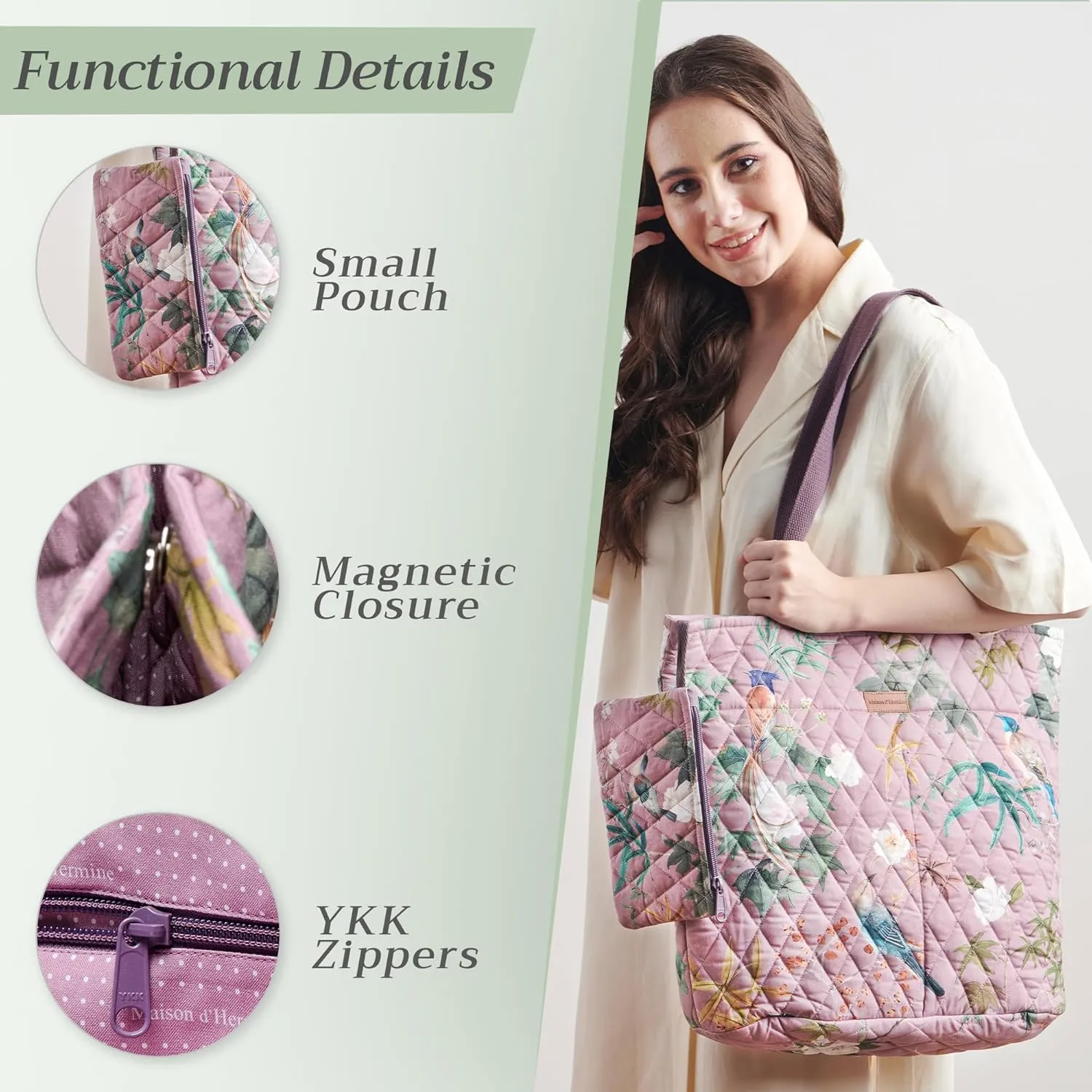 Maison d' Hermine Shopping Bag Cotton Quilted Tote Bag with Zipper Pockets & Small Pouch Grocery Bag for Work Travel Lunch