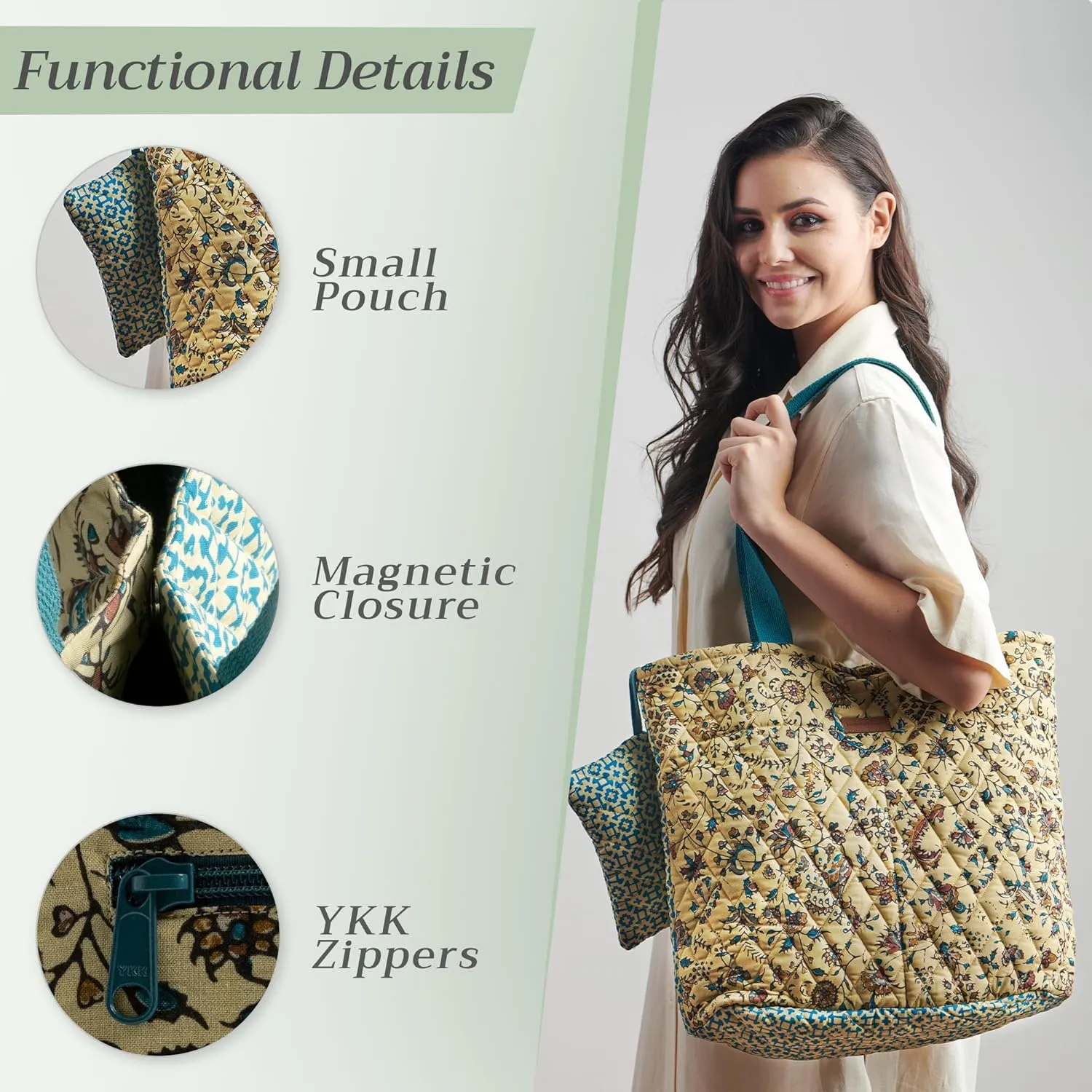 Maison d' Hermine Shopping Bag Cotton Quilted Tote Bag with Zipper Pockets & Small Pouch Grocery Bag for Work Travel Lunch