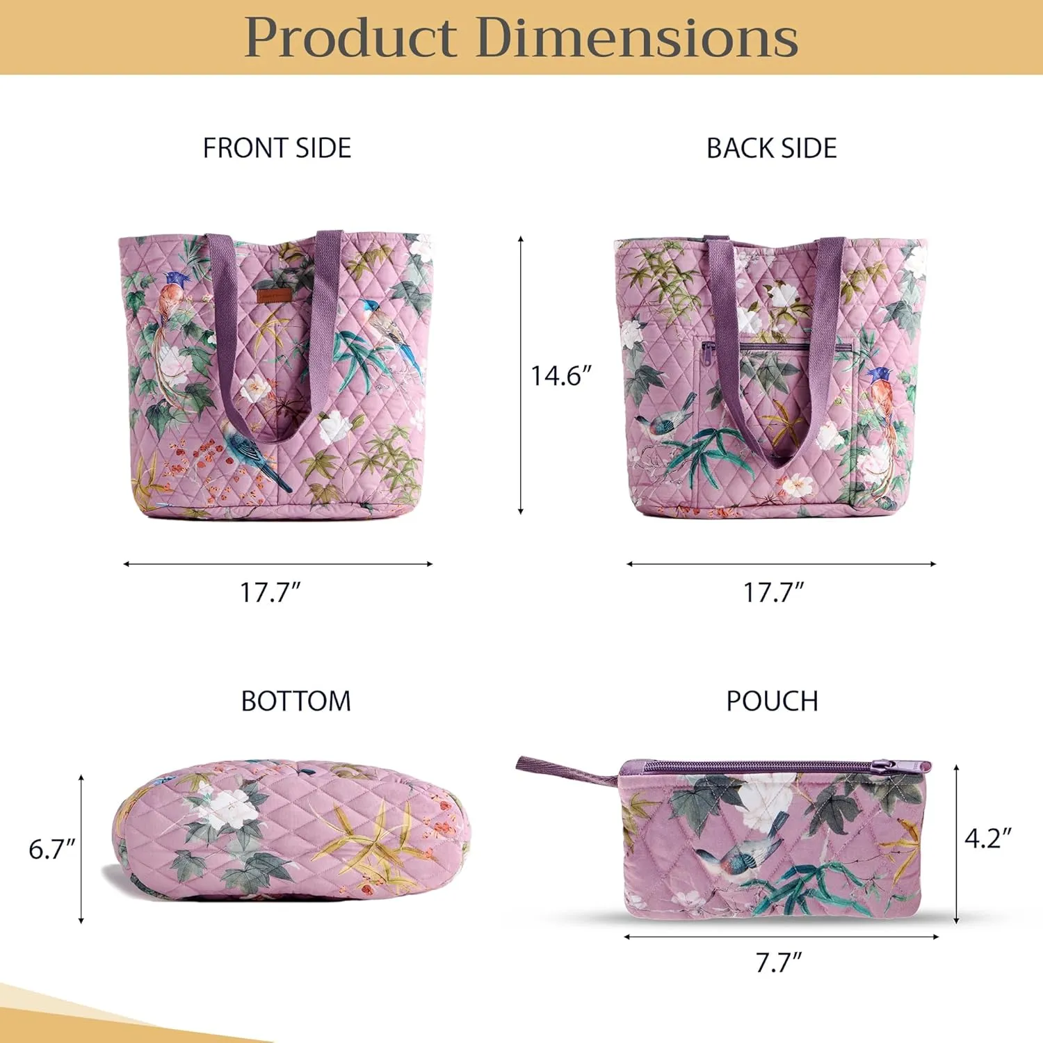 Maison d' Hermine Shopping Bag Cotton Quilted Tote Bag with Zipper Pockets & Small Pouch Grocery Bag for Work Travel Lunch