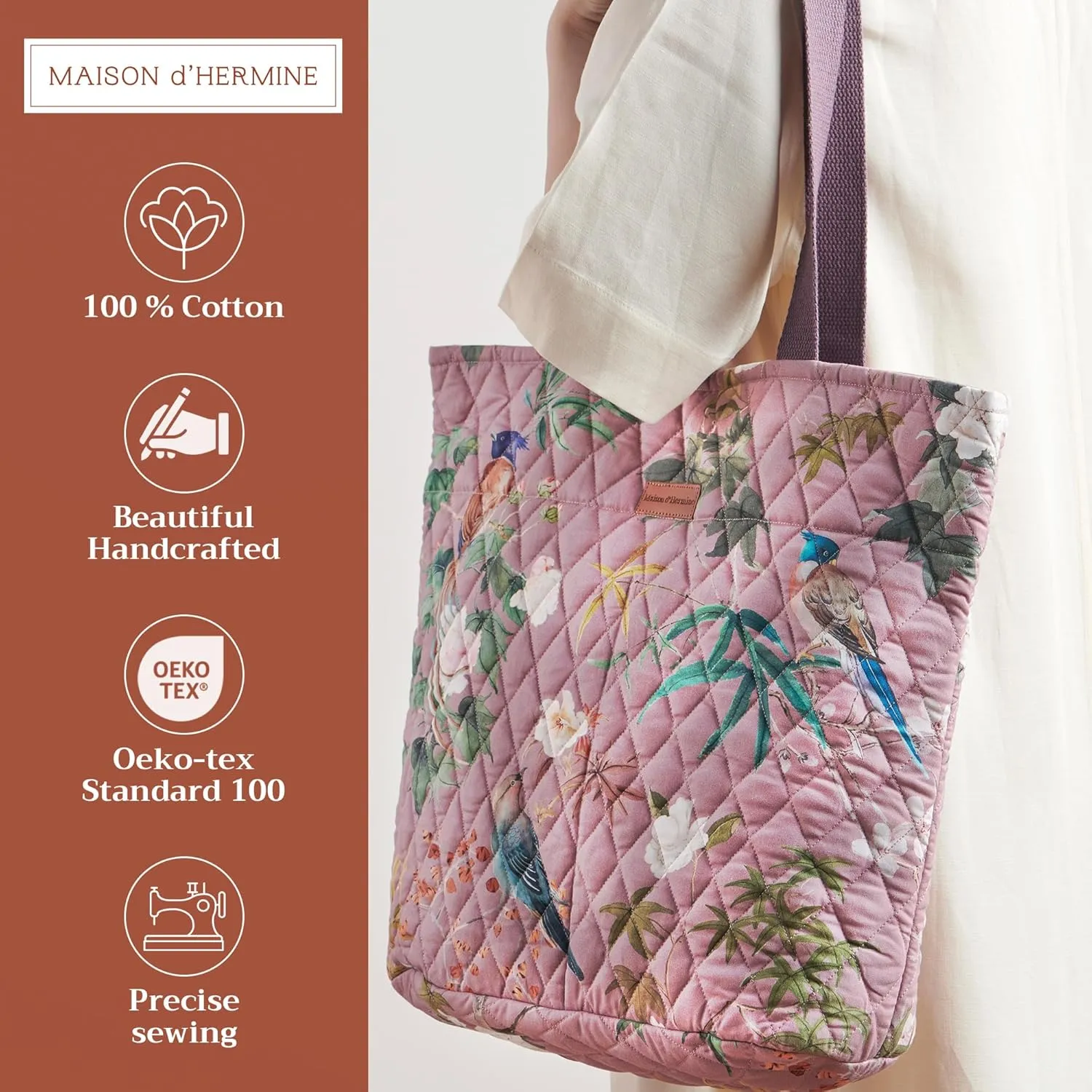Maison d' Hermine Shopping Bag Cotton Quilted Tote Bag with Zipper Pockets & Small Pouch Grocery Bag for Work Travel Lunch