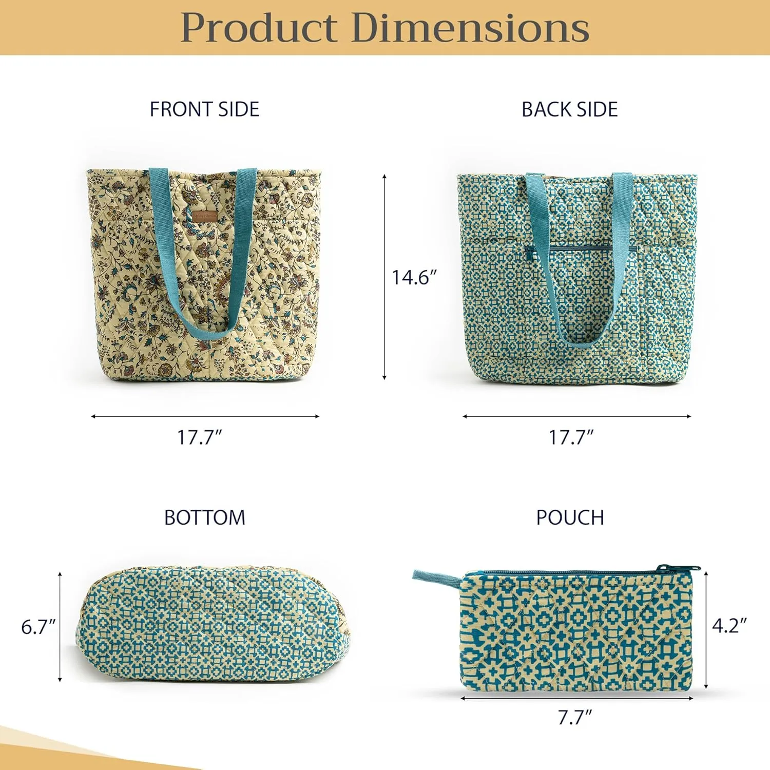 Maison d' Hermine Shopping Bag Cotton Quilted Tote Bag with Zipper Pockets & Small Pouch Grocery Bag for Work Travel Lunch