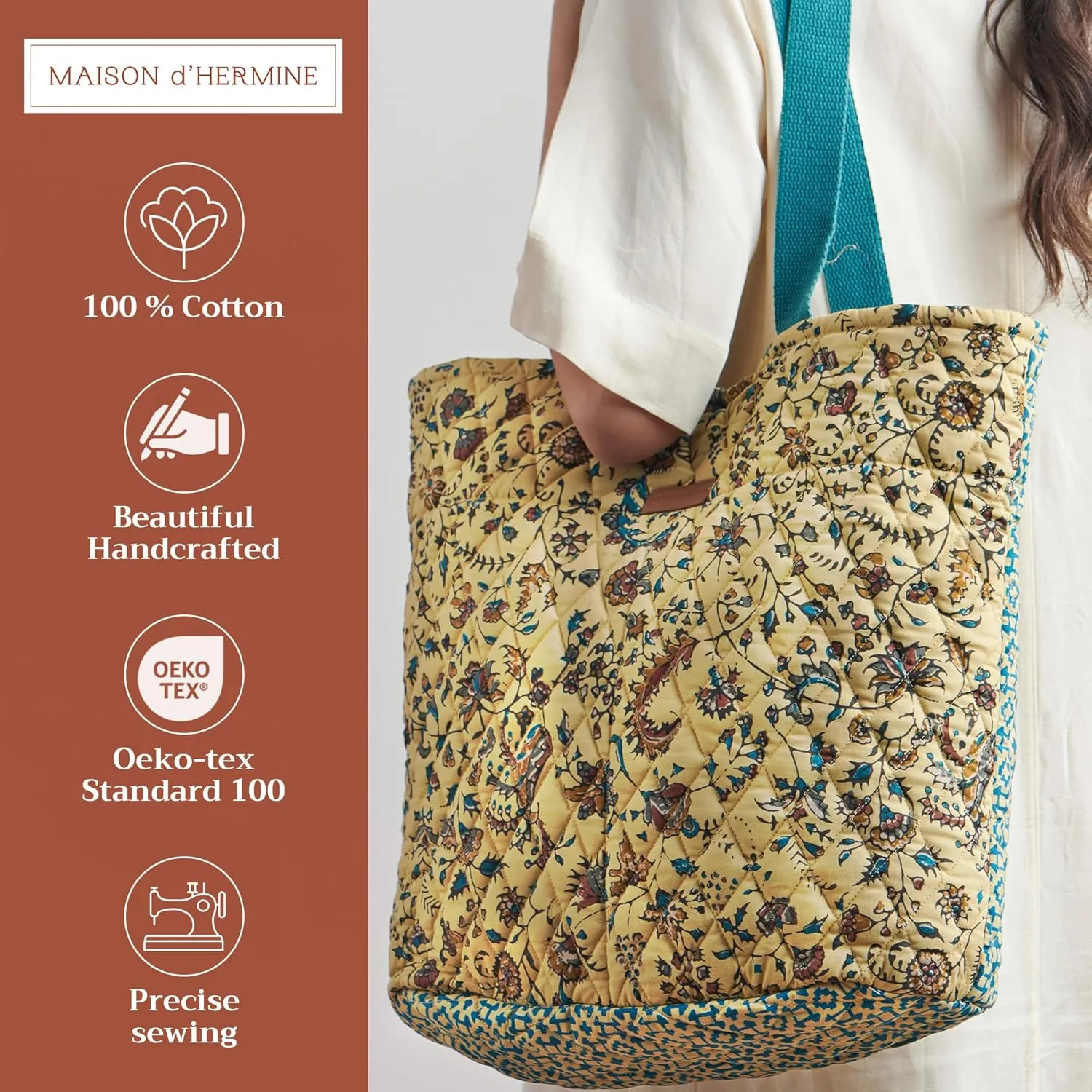 Maison d' Hermine Shopping Bag Cotton Quilted Tote Bag with Zipper Pockets & Small Pouch Grocery Bag for Work Travel Lunch