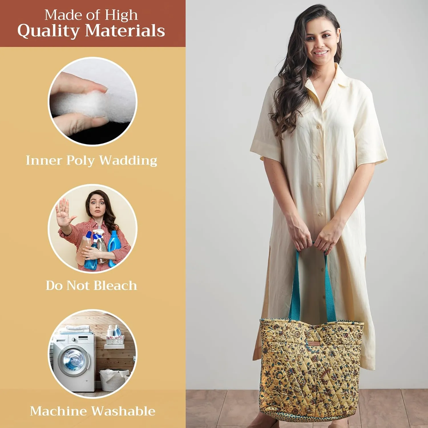 Maison d' Hermine Shopping Bag Cotton Quilted Tote Bag with Zipper Pockets & Small Pouch Grocery Bag for Work Travel Lunch