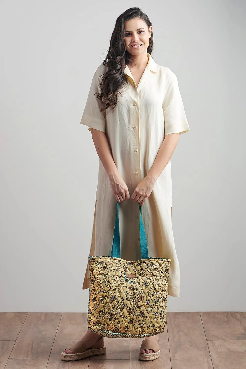 Maison d' Hermine Shopping Bag Cotton Quilted Tote Bag with Zipper Pockets & Small Pouch Grocery Bag for Work Travel Lunch