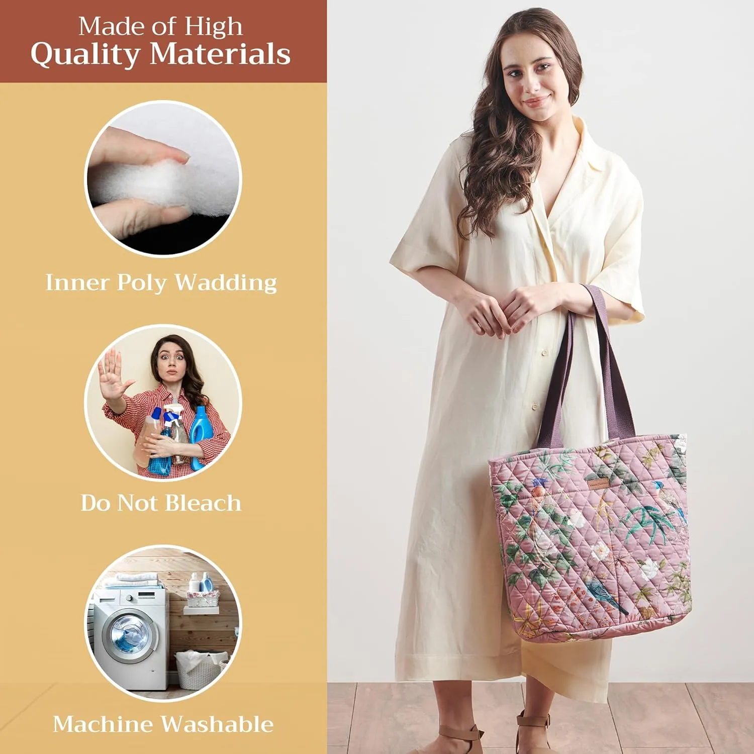Maison d' Hermine Shopping Bag Cotton Quilted Tote Bag with Zipper Pockets & Small Pouch Grocery Bag for Work Travel Lunch