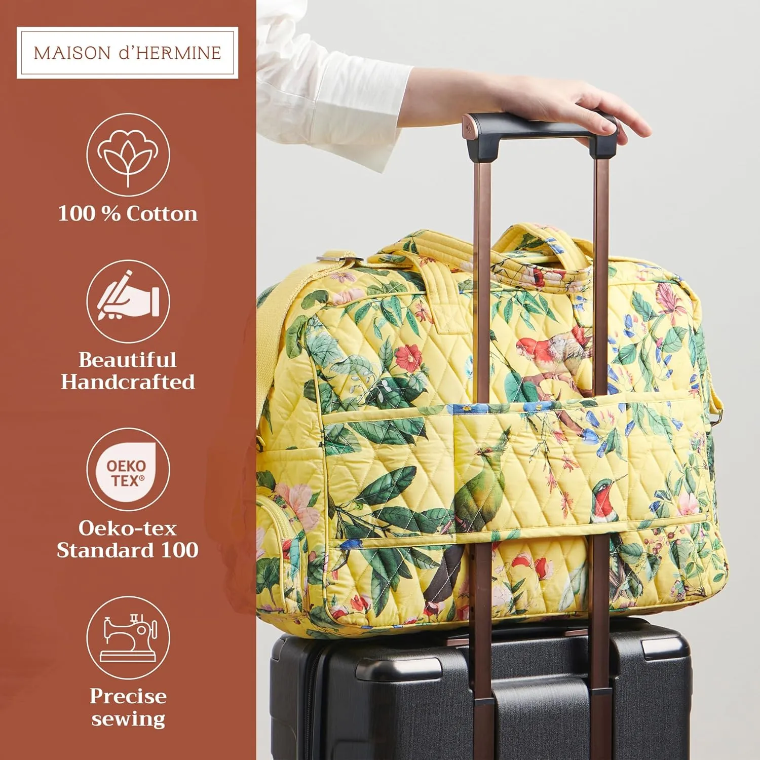 Maison d' Hermine Weekend Bag Cotton Quilted Duffel Overnight Luggage Weekender Gym Bag for Gifts Travel Men Women Business Travellers Family Trip, Eden - Yellow