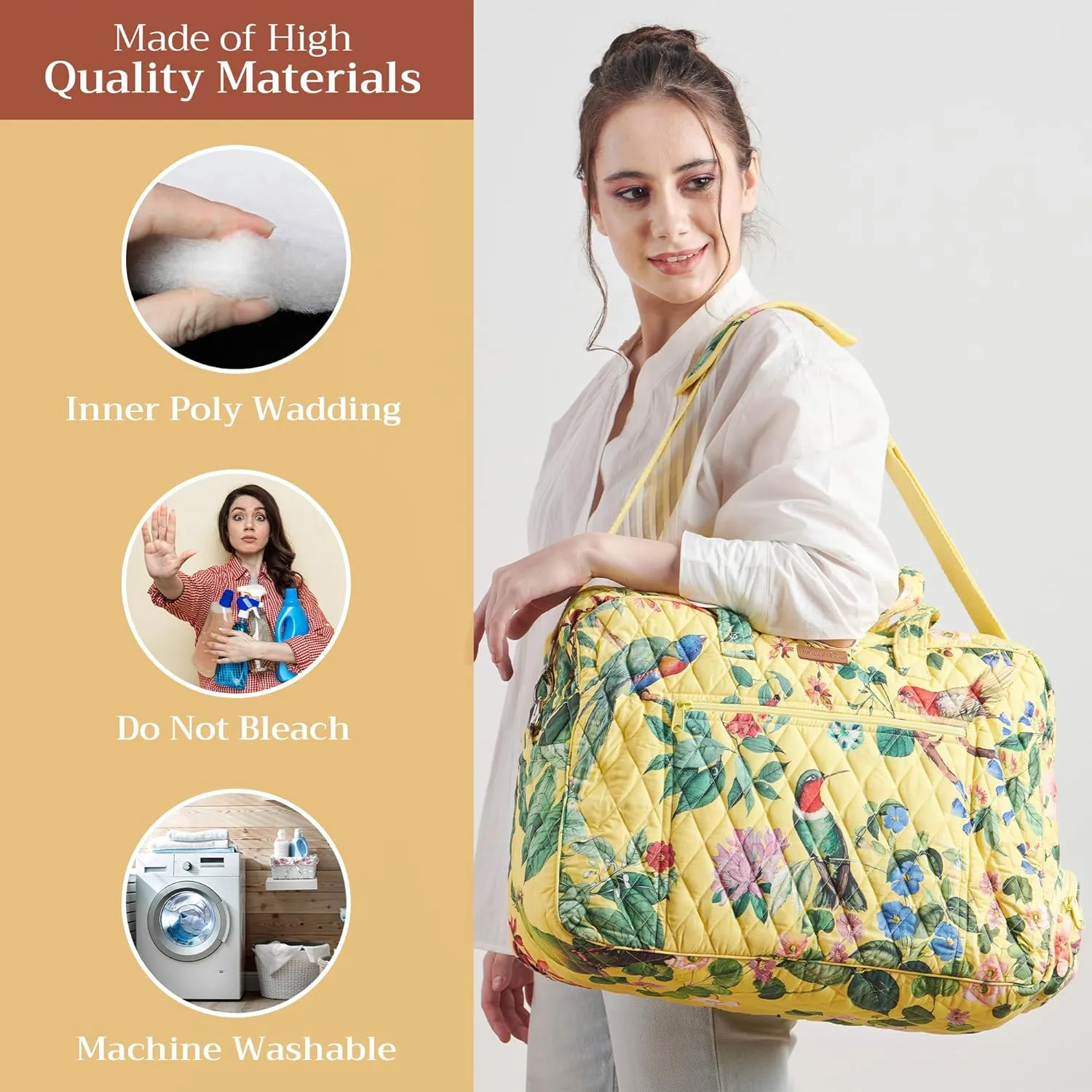 Maison d' Hermine Weekend Bag Cotton Quilted Duffel Overnight Luggage Weekender Gym Bag for Gifts Travel Men Women Business Travellers Family Trip, Eden - Yellow