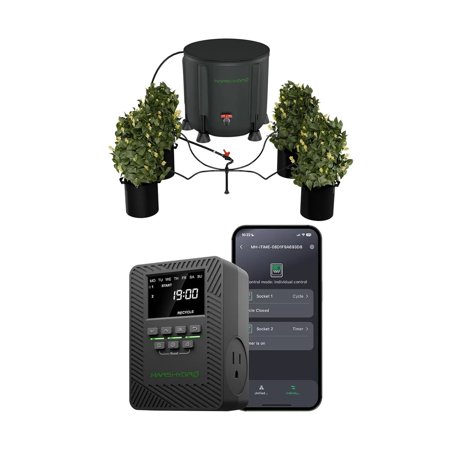 MARS HYDRO 2025 New Auto Drip Irrigation Kits with 13 Gallon Foldable Bucket with ITime 2-in-1 Smart Timer Outlet Dual Outlet App Control